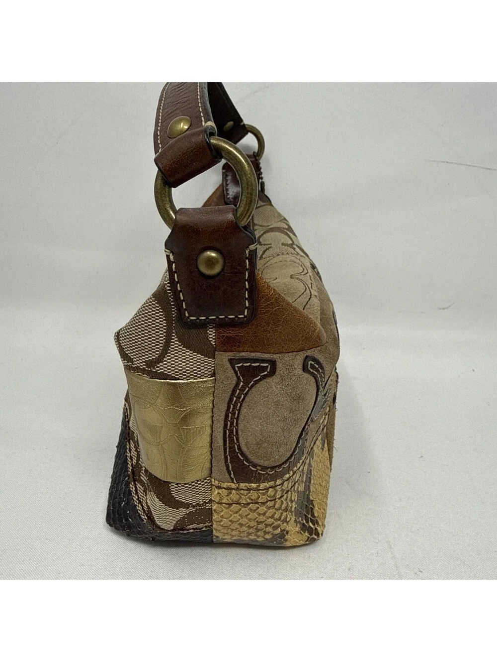 Coach Patchwork Shoulder Bag Brown Signature Leopard Y2K Mini Hobo Purse